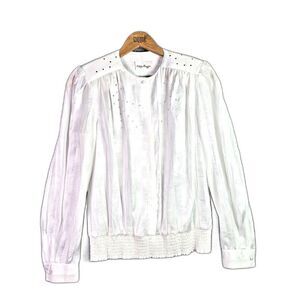Philippe Marques Blouse White 10 Vintage Studded Pleated Crew Neck Made USA